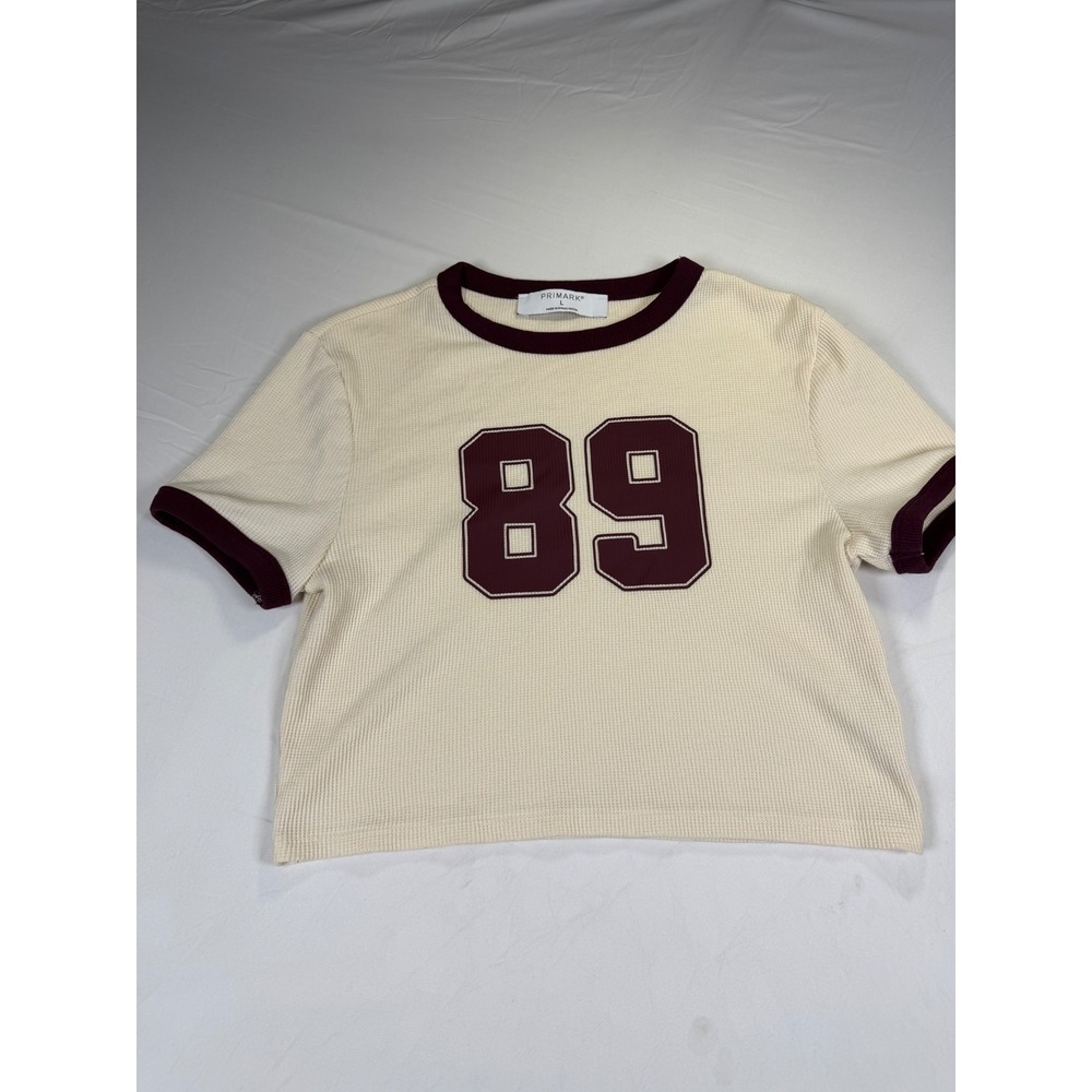 Primark Womens Waffle Knit Ringer T-Shirt Cream Burgundy 89 Graphic Crop Top L